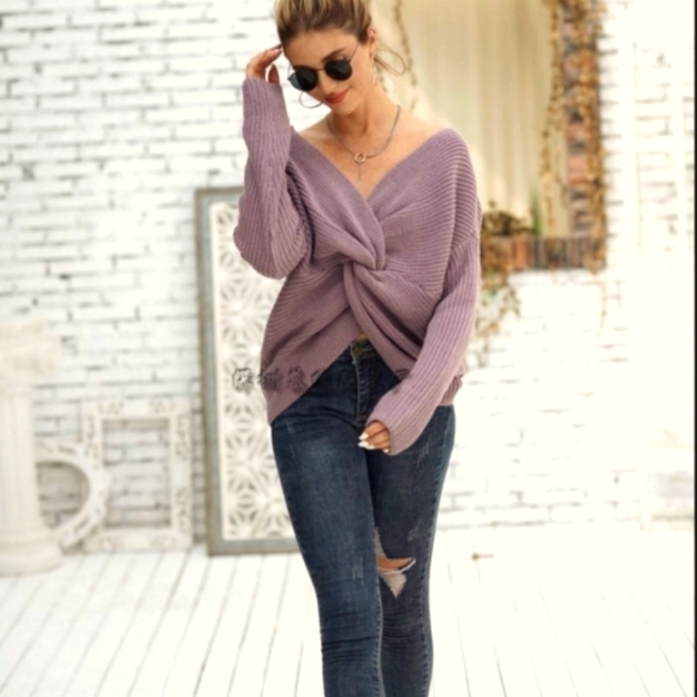 "Love Tree" Long-Sleeve Waffle Knit Sweater, with V-neck Front & Twisted Back - Picture 3 of 14
